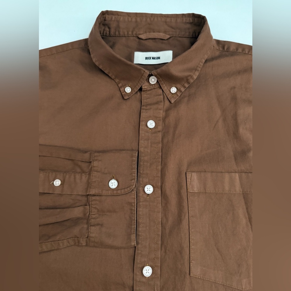 BUCK MASON Shirt Mens L Skyline Poplin Button Down Chest Pocket Brown Cotton - Picture 2 of 14